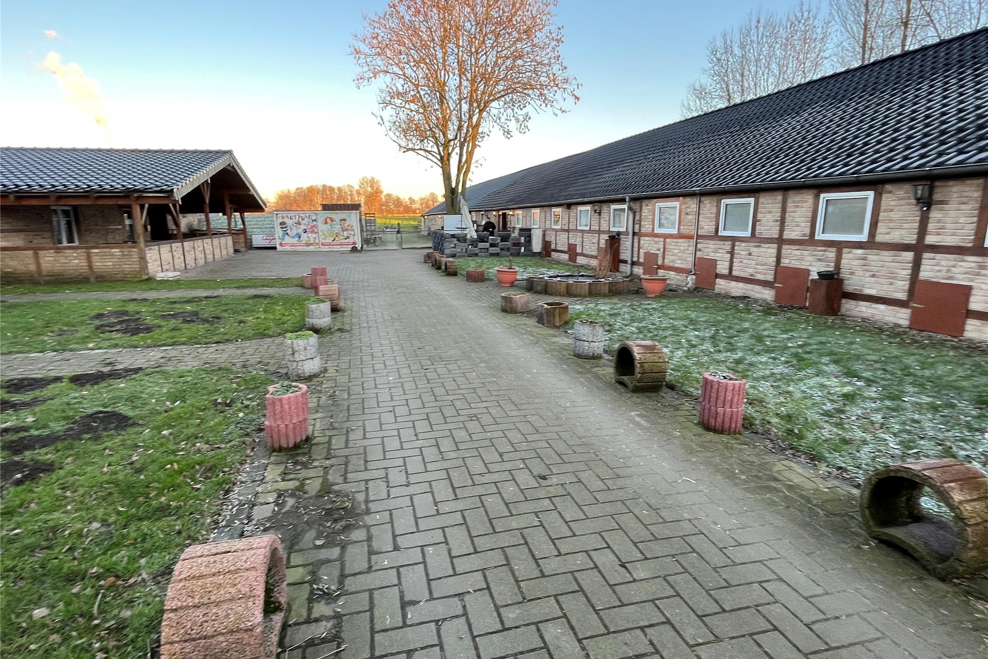 Hofgelände und Freilauffläche des Peacocks Hundehotels in Becklem